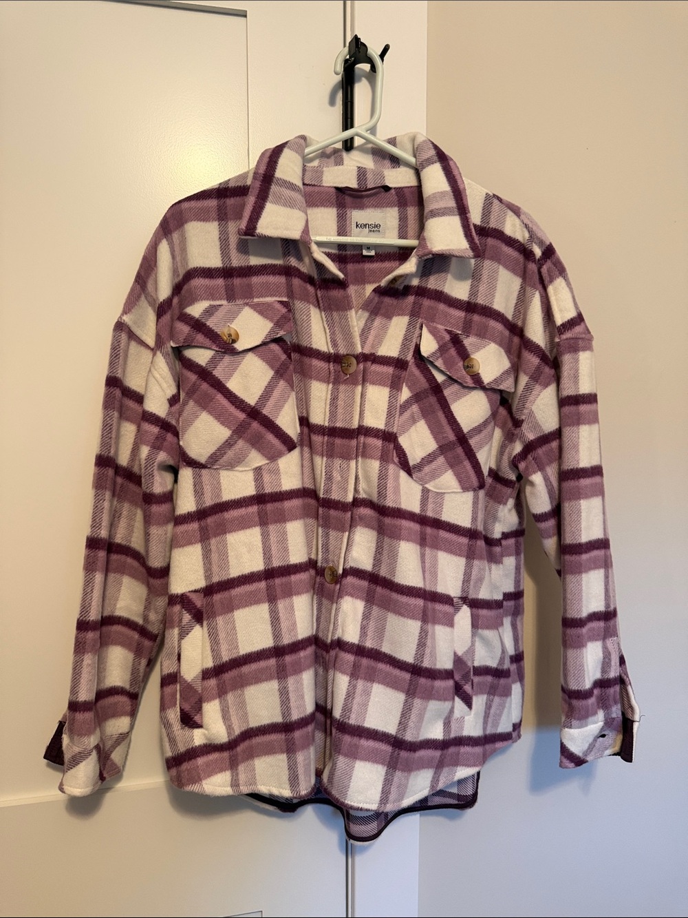 kensie Cream and Plum Plaid Shacket
